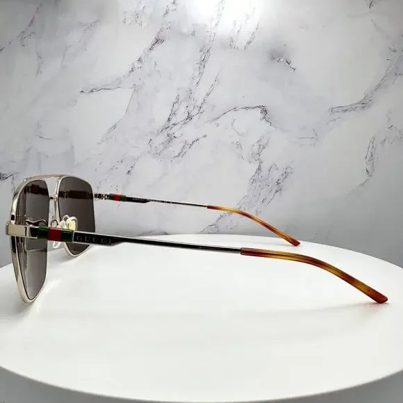 New GUCCI Sunglasses Gold Metal Square Aviator Pilot Red Green Web Logo Mens